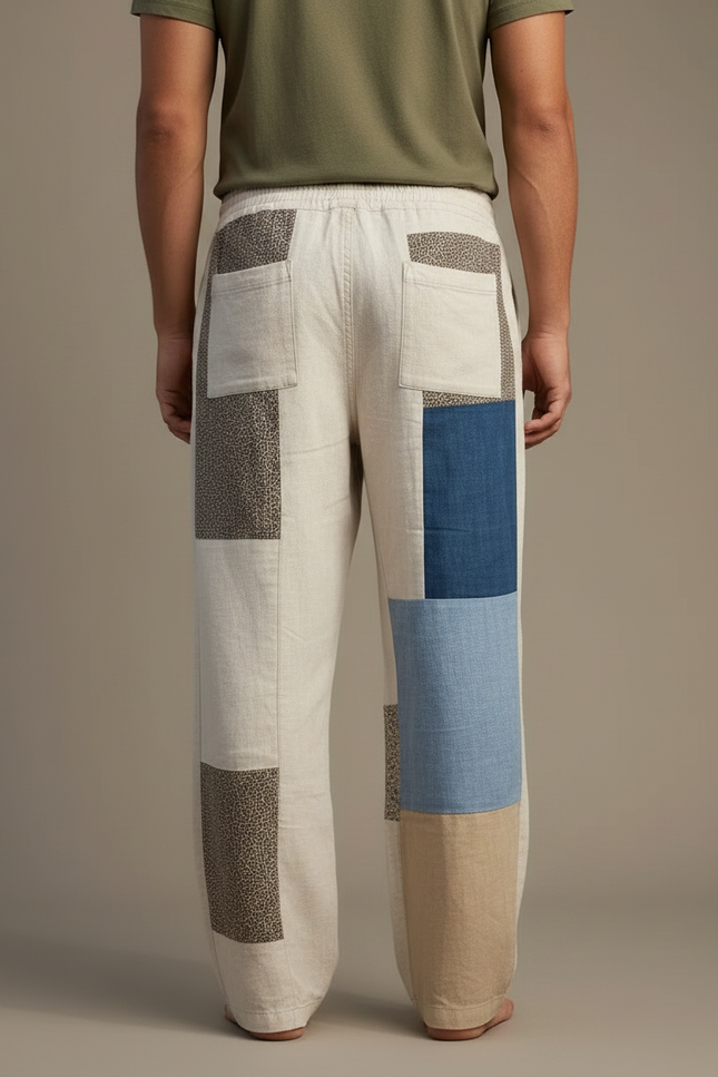 Pantalon Fluide Lin Patchwork Ample Décontracté Homme - Multicolore - vue 2
