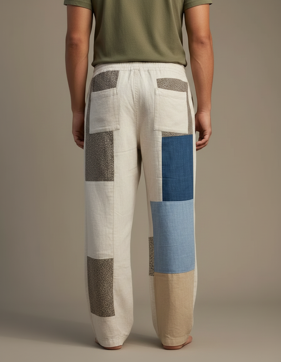 Pantalon Fluide Lin Patchwork Ample Décontracté Homme - Multicolore - vue 2