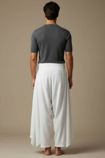 Pantalon Fluide Blanc Ample Sarouel Asymétrique Coton Homme - Lin - vue 2