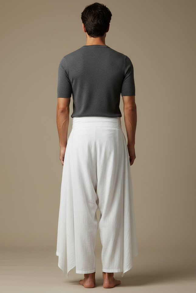 Pantalon Fluide Blanc Ample Sarouel Asymétrique Coton Homme - Lin - vue 2