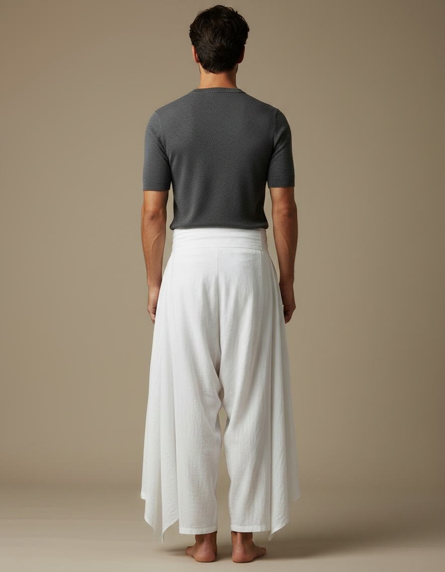 Pantalon Fluide Blanc Ample Sarouel Asymétrique Coton Homme - Lin - vue 2