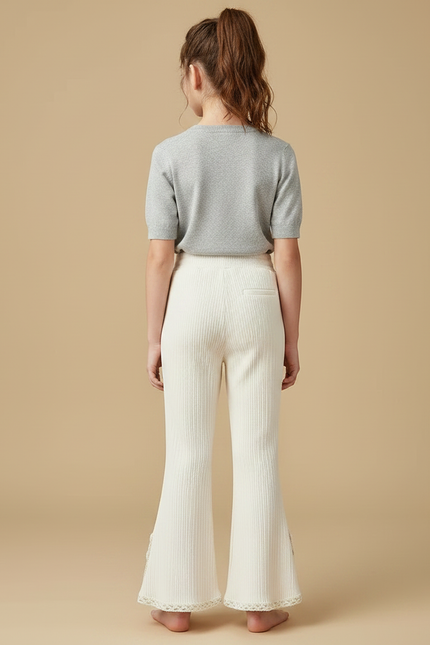 Pantalon Fluide Écru Côtelé Évasé Dentelle Enfant - Beige Cordé - vue 2