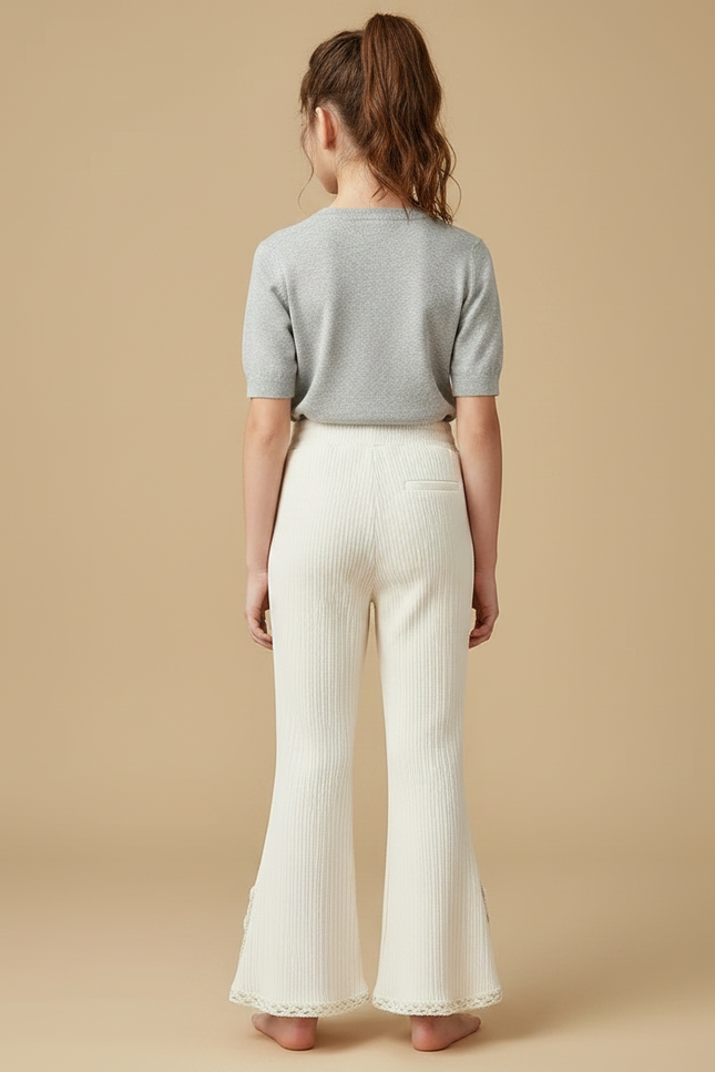 Pantalon Fluide Écru Côtelé Évasé Dentelle Enfant - Beige Cordé - vue 2