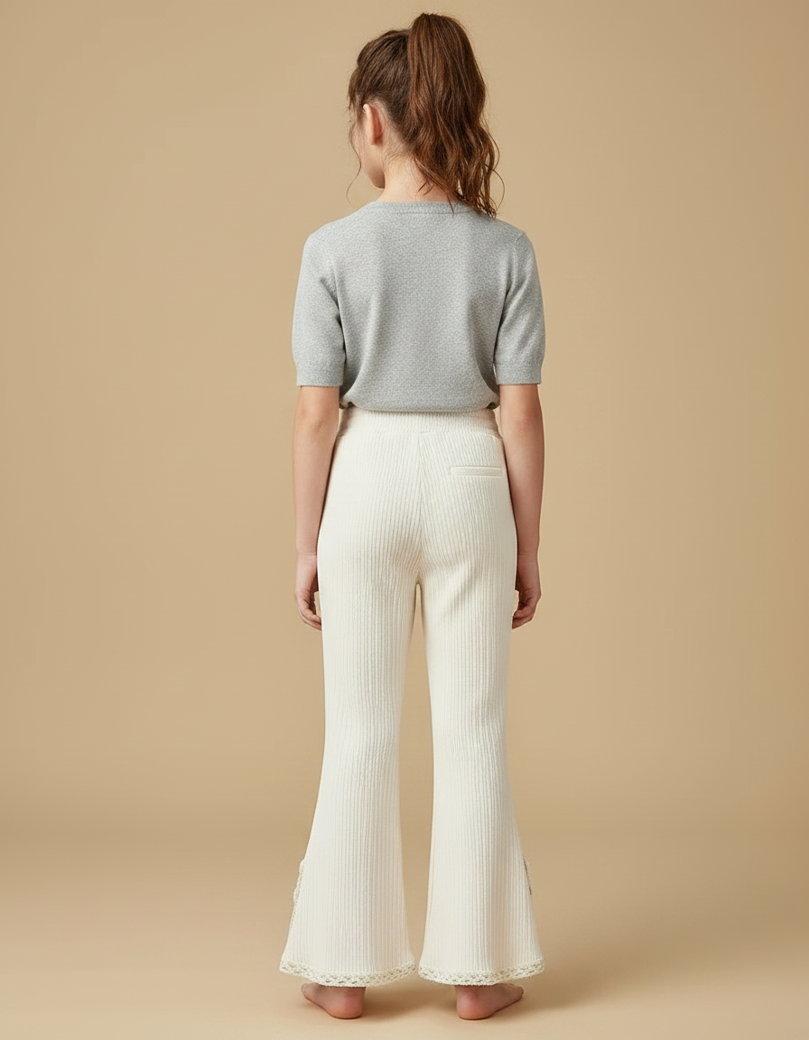 Pantalon Fluide Écru Côtelé Évasé Dentelle Enfant - Beige Cordé - vue 2