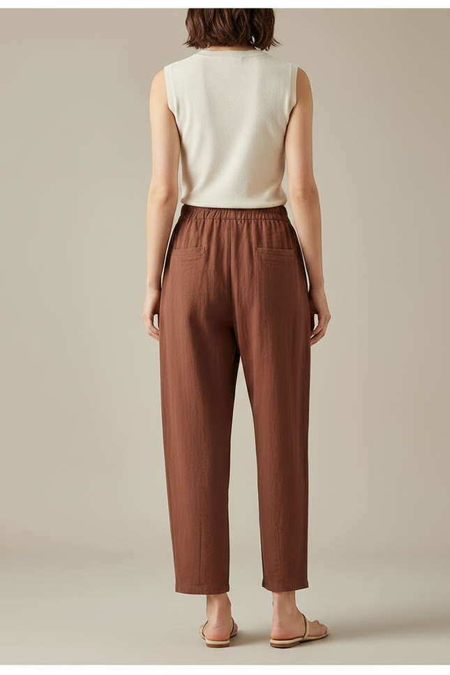 Pantalon Fluide Marron Lin Ample Décontracté Harem - vue 2