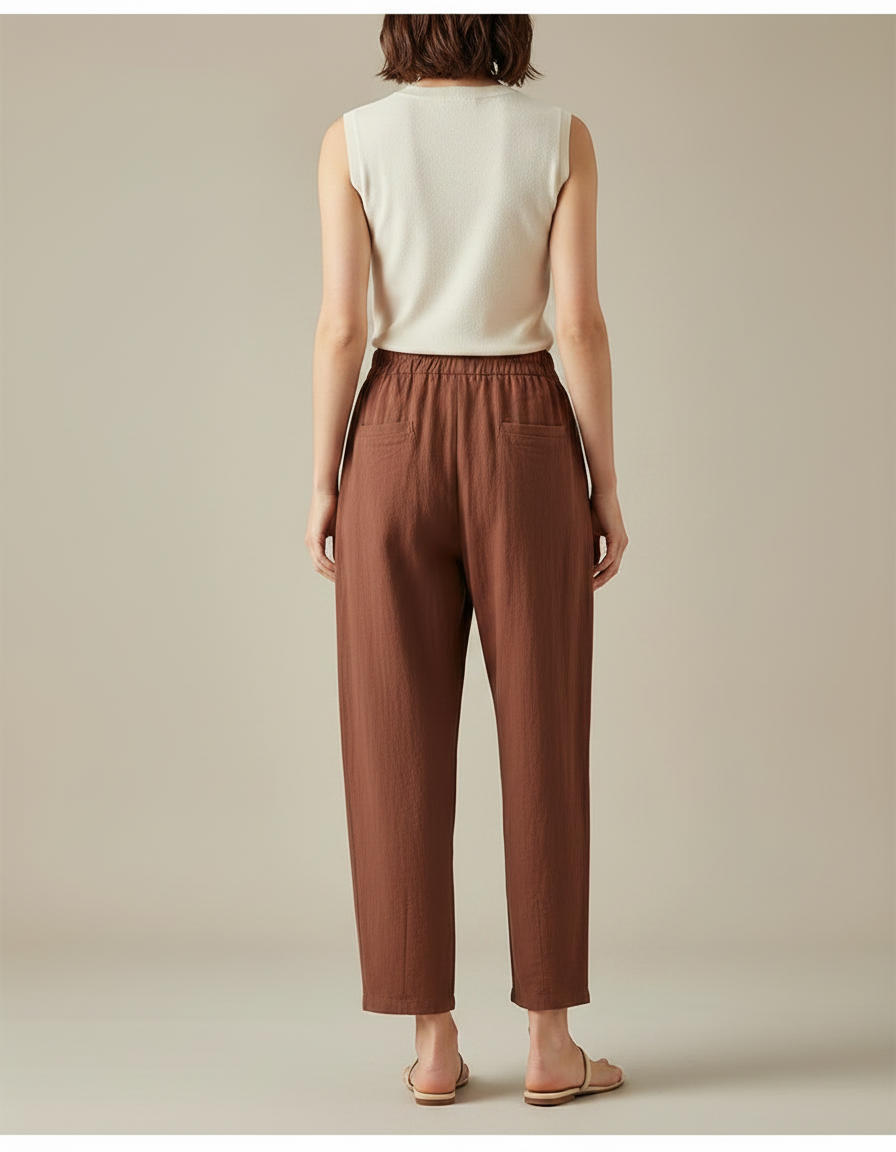 Pantalon Fluide Marron Lin Ample Décontracté Harem - vue 2