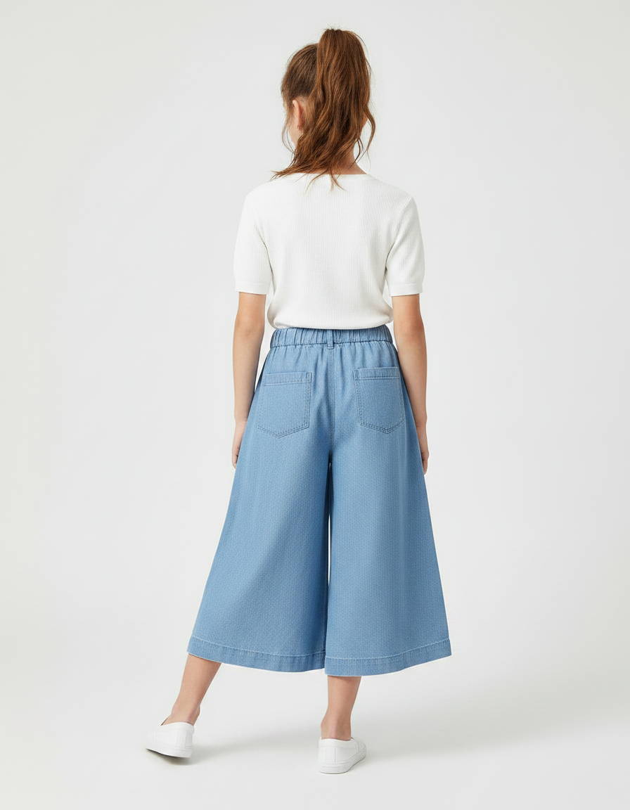 Pantalon Fluide Bleu Denim Ample Cordon Fille - Jean - vue 2