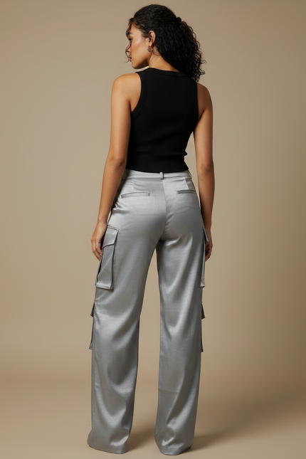 Pantalon Fluide Cargo Gris Satiné Ample Femme - Argenté - vue 2