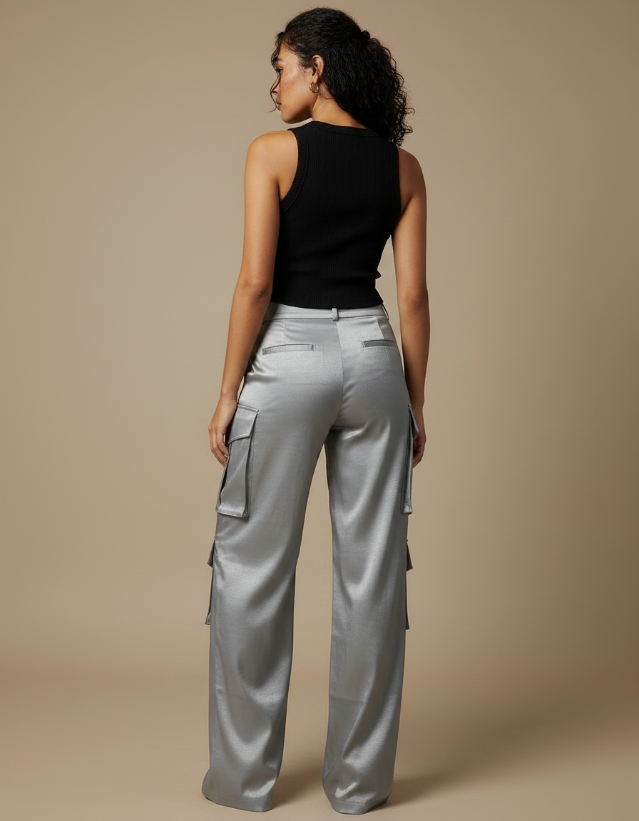 Pantalon Fluide Cargo Gris Satiné Ample Femme - Argenté - vue 2