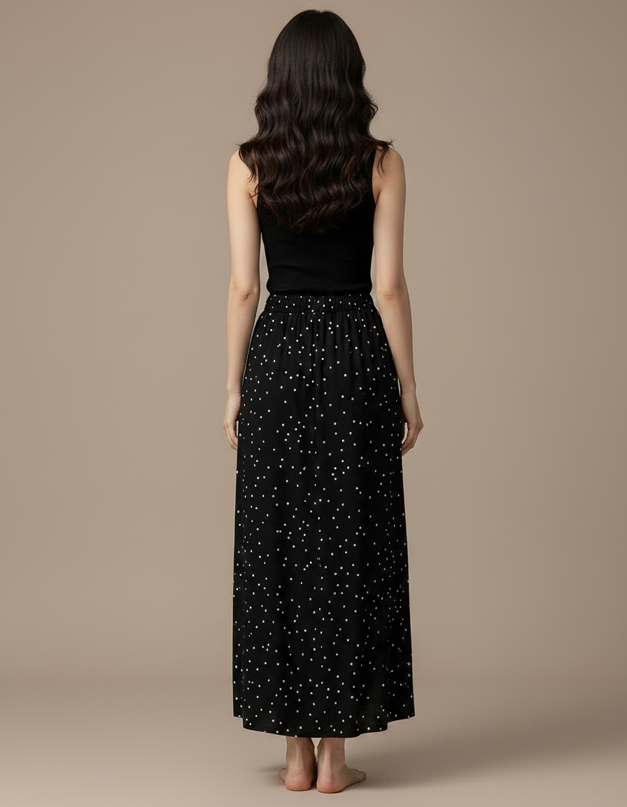 Pantalon Fluide Noir Ample Pois Blancs Cordon - Viscose - vue 2