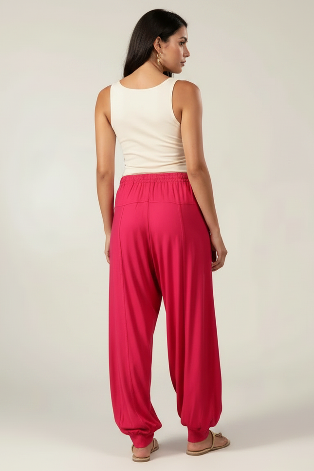 Pantalon Fluide Fuschia Ample Plissé Décontracté Femme - Rose Viscose - vue 2