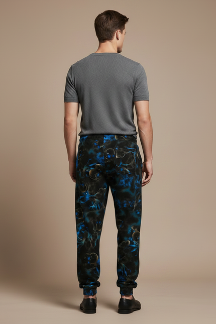 Pantalon Fluide Noir Ample Crânes Bleus Décontracté Homme - Multicolore Molleton - vue 2