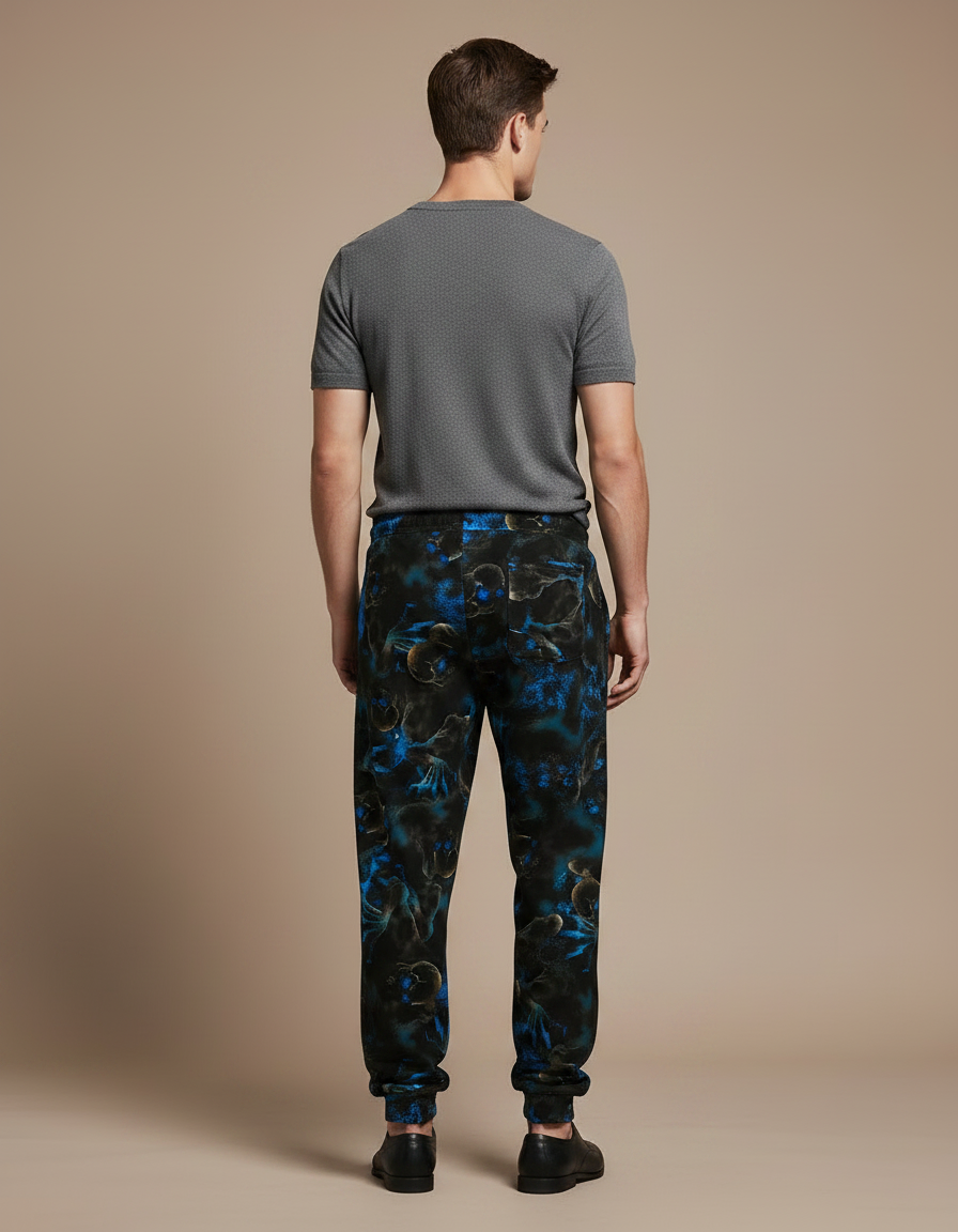 Pantalon Fluide Noir Ample Crânes Bleus Décontracté Homme - Multicolore Molleton - vue 2