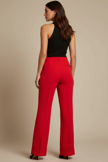 Pantalon Fluide Rouge Taille Haute Évasé Élégant Femme - Polyester - vue 2