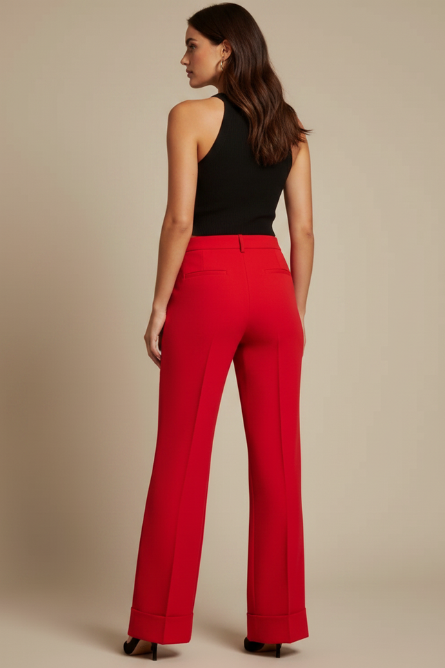 Pantalon Fluide Rouge Taille Haute Évasé Élégant Femme - Polyester - vue 2