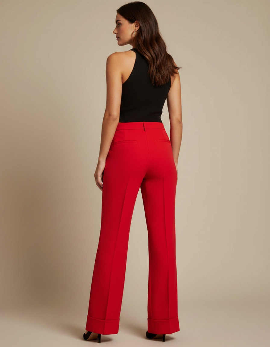 Pantalon Fluide Rouge Taille Haute Évasé Élégant Femme - Polyester - vue 2