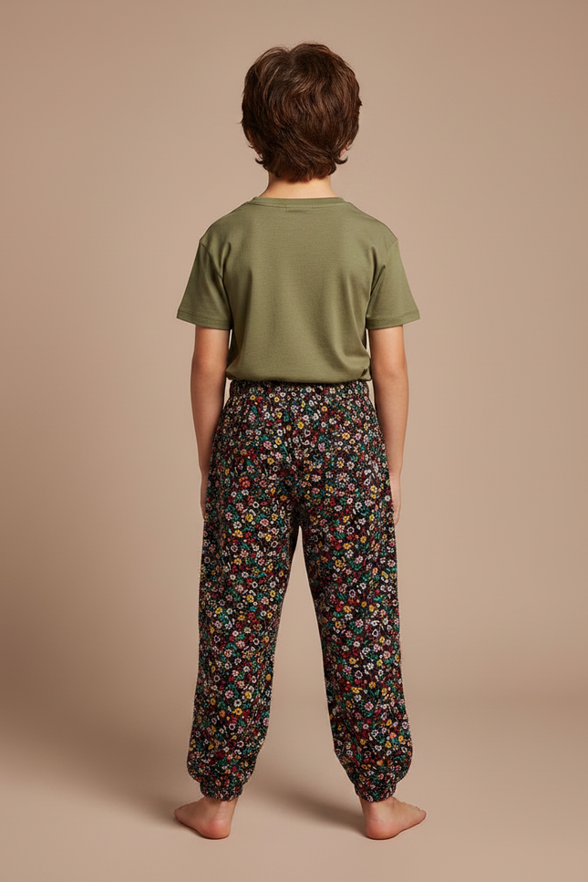 Pantalon Fluide Noir Fleuri Ample Décontracté Enfant - Multicolore Viscose - vue 2