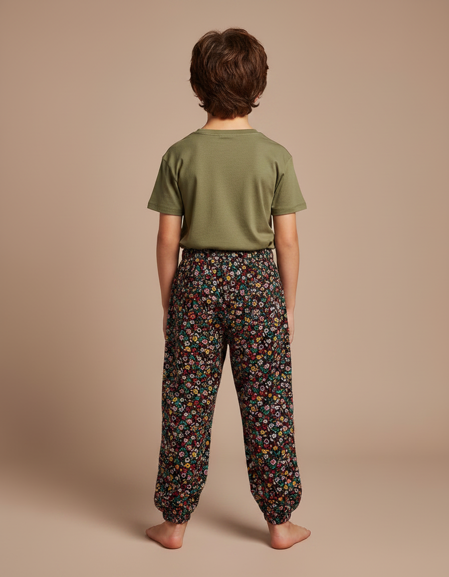 Pantalon Fluide Noir Fleuri Ample Décontracté Enfant - Multicolore Viscose - vue 2