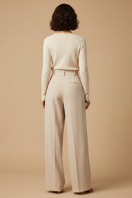 Pantalon Fluide Écru Taille Haute Ample Élégant - Beige Polyester - vue 2