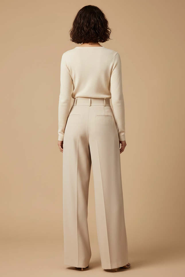 Pantalon Fluide Écru Taille Haute Ample Élégant - Beige Polyester - vue 2