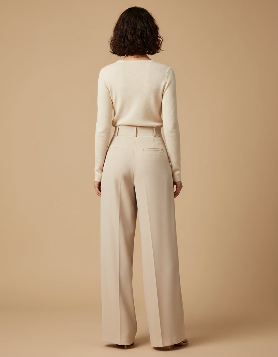 Pantalon Fluide Écru Taille Haute Ample Élégant - Beige Polyester - vue 2
