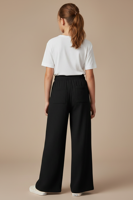 Pantalon Fluide Noir Ample Texturé Fille Décontracté - Viscose - vue 2
