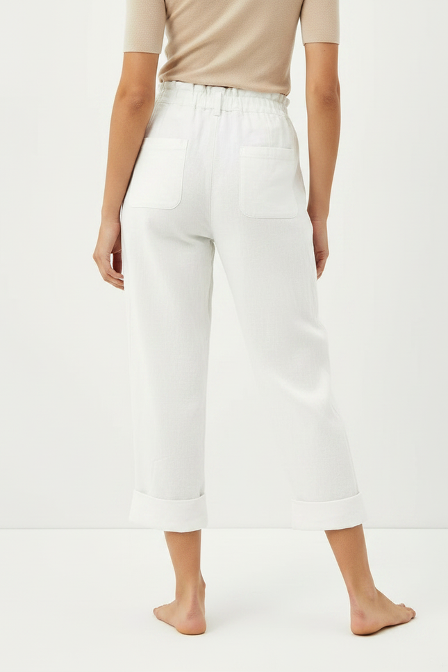 Pantalon Fluide Blanc Coton Lin Taille Haute Décontracté - vue 2