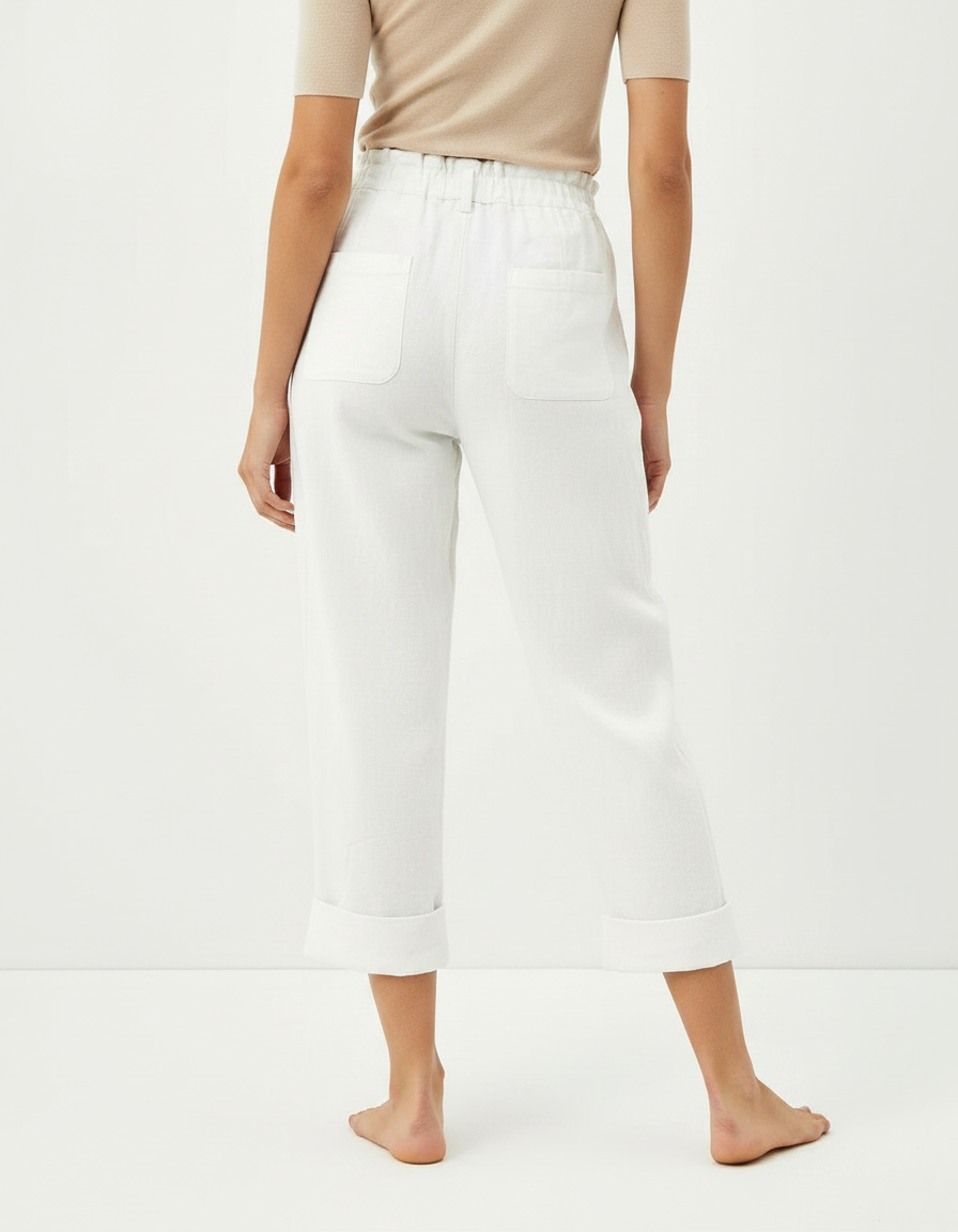 Pantalon Fluide Blanc Coton Lin Taille Haute Décontracté - vue 2