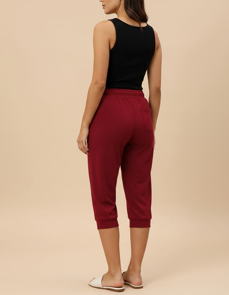 Pantalon Fluide Rouge Ample Cordon Décontracté Capris - Bordeaux Molleton - vue 2