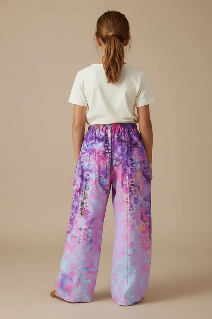Pantalon Fluide Imprimé Fleuri Ample Fille Violet Rose - Viscose - vue 2
