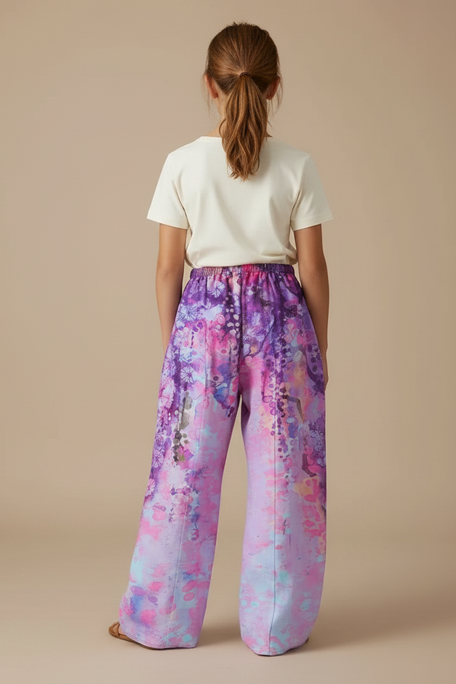 Pantalon Fluide Imprimé Fleuri Ample Fille Violet Rose - Viscose - vue 2