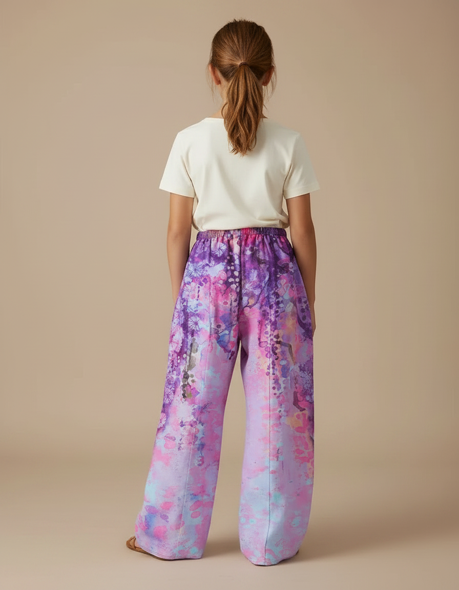Pantalon Fluide Imprimé Fleuri Ample Fille Violet Rose - Viscose - vue 2