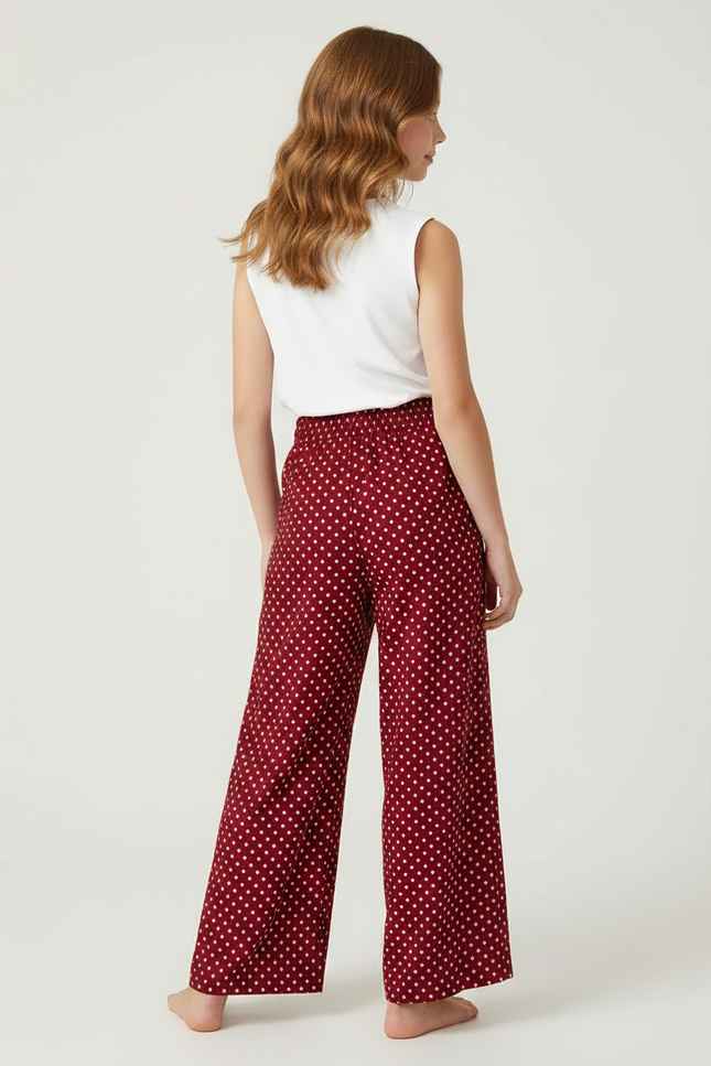 Pantalon Fluide Rouge Ample Pois Blancs Fille - Bordeaux Viscose - vue 2