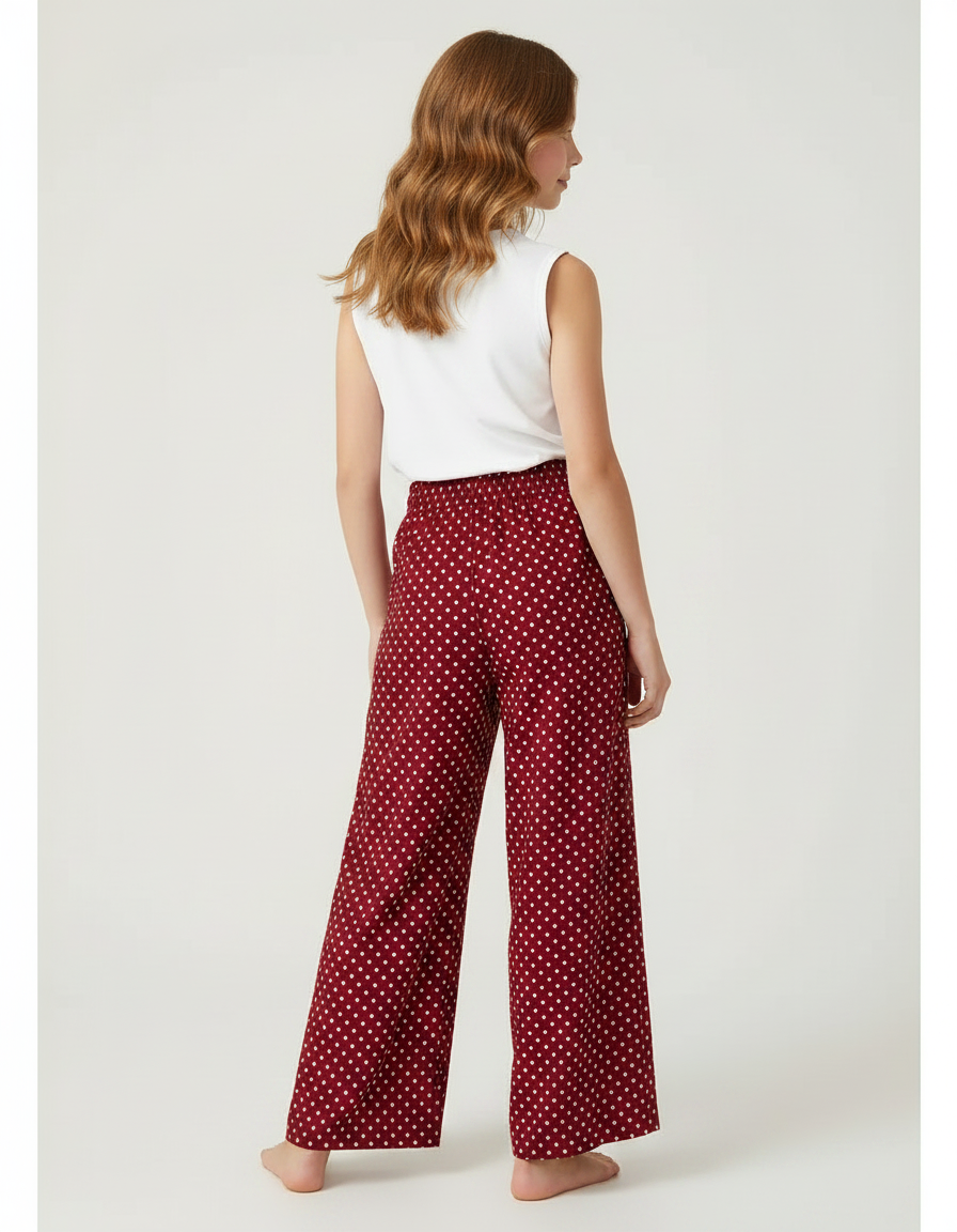Pantalon Fluide Rouge Ample Pois Blancs Fille - Bordeaux Viscose - vue 2