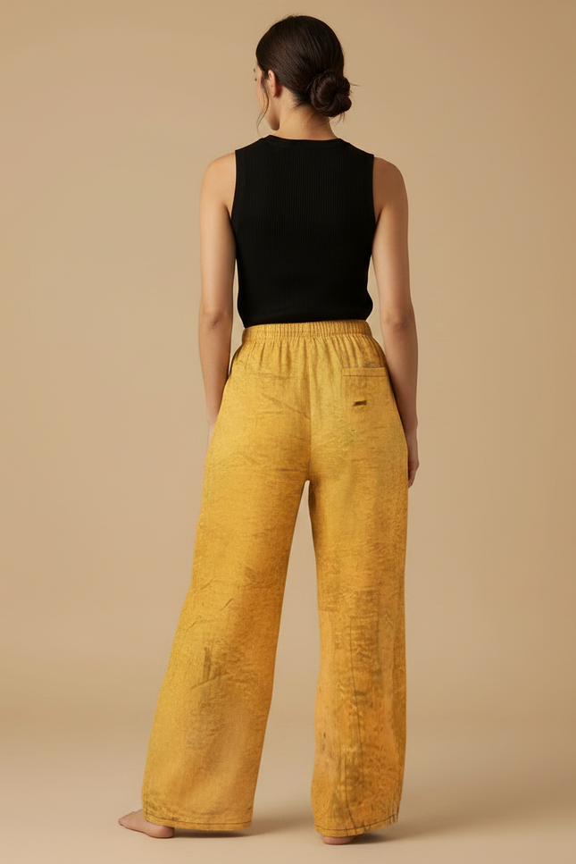 Pantalon Fluide Jaune Ample Imprimé Chat Mignon - Lin - vue 2