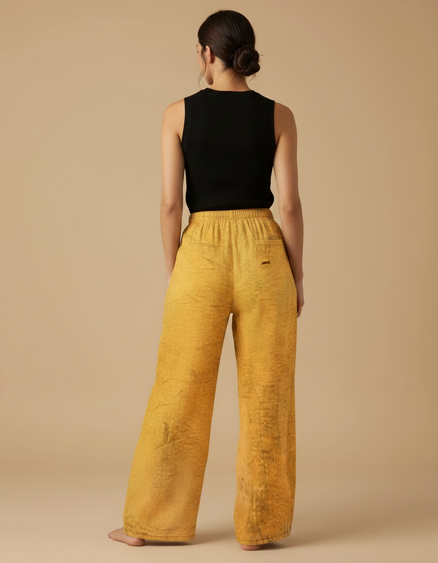 Pantalon Fluide Jaune Ample Imprimé Chat Mignon - Lin - vue 2