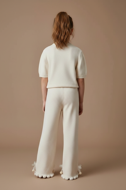 Pantalon Fluide Écru Ample Tricot Pompons Fille - Beige Maille - vue 2