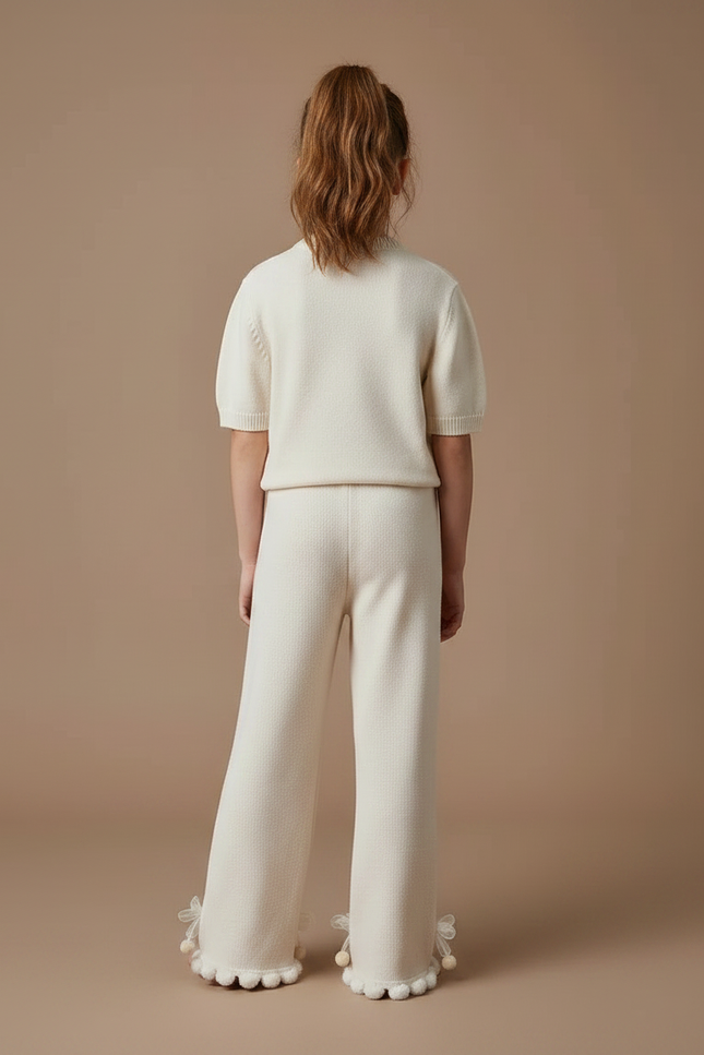 Pantalon Fluide Écru Ample Tricot Pompons Fille - Beige Maille - vue 2
