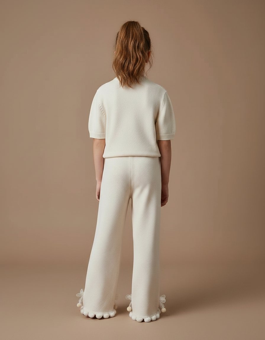 Pantalon Fluide Écru Ample Tricot Pompons Fille - Beige Maille - vue 2