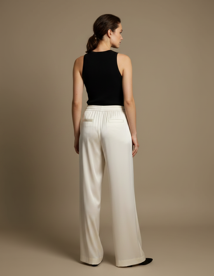 Pantalon Fluide Blanc Cassé Satiné Ample Élégant Décontracté - vue 2