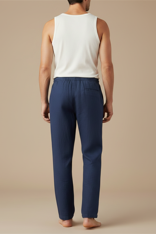 Pantalon Fluide Bleu Marine Lin Droit Décontracté Homme - vue 2