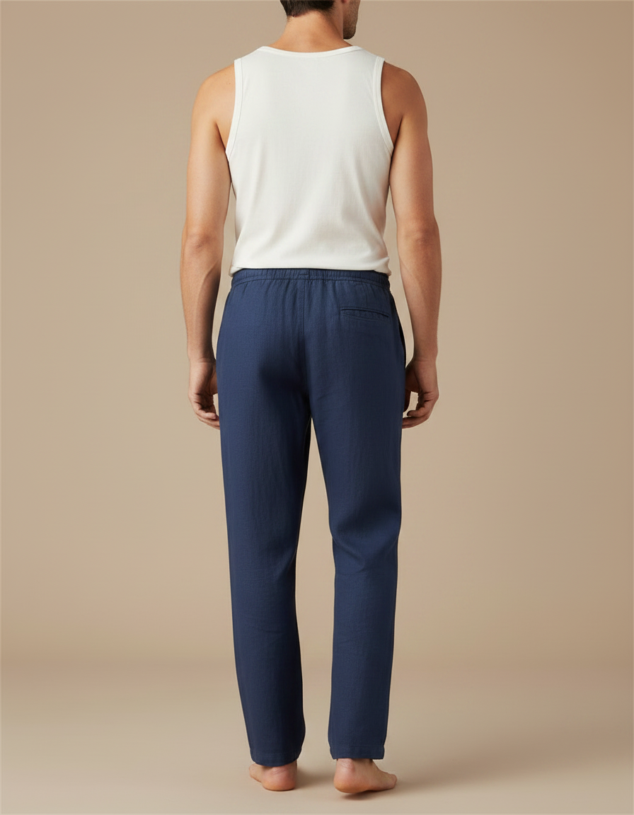 Pantalon Fluide Bleu Marine Lin Droit Décontracté Homme - vue 2