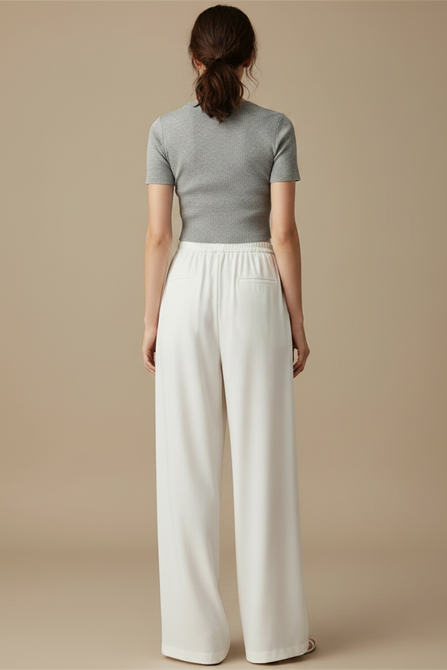 Pantalon Fluide Blanc Ample Taille Haute Cordon - Viscose - vue 2