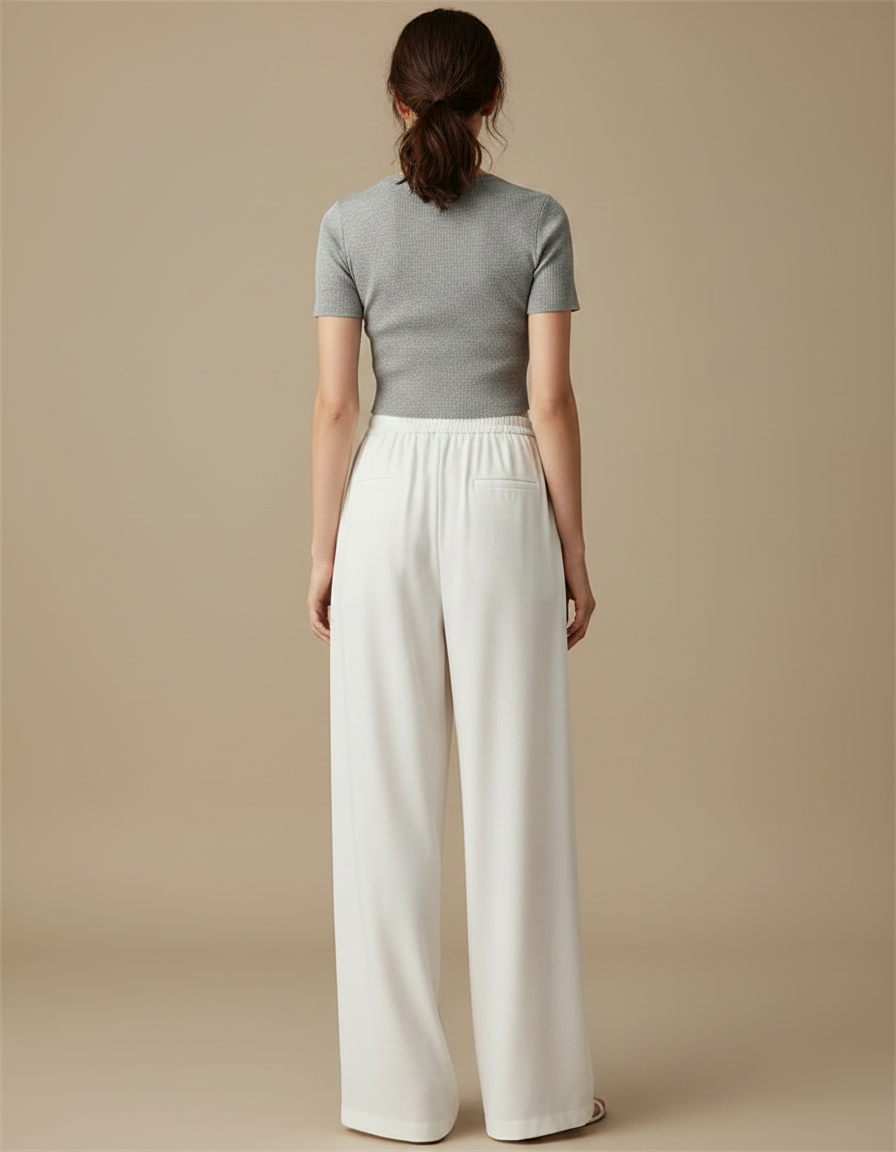 Pantalon Fluide Blanc Ample Taille Haute Cordon - Viscose - vue 2