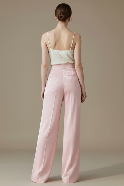 Pantalon Fluide Rose Jacquard Satin Ample Élégant - vue 2