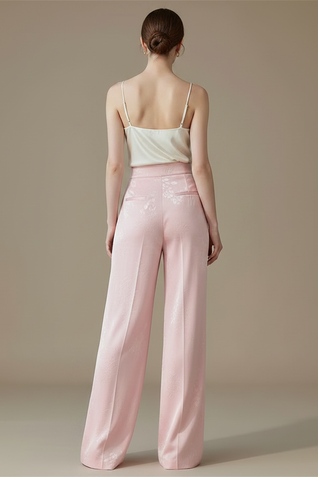 Pantalon Fluide Rose Jacquard Satin Ample Élégant - vue 2