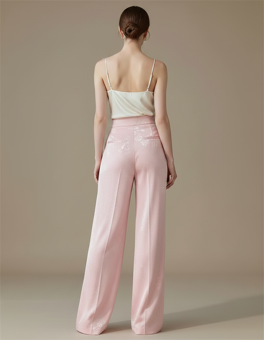 Pantalon Fluide Rose Jacquard Satin Ample Élégant - vue 2