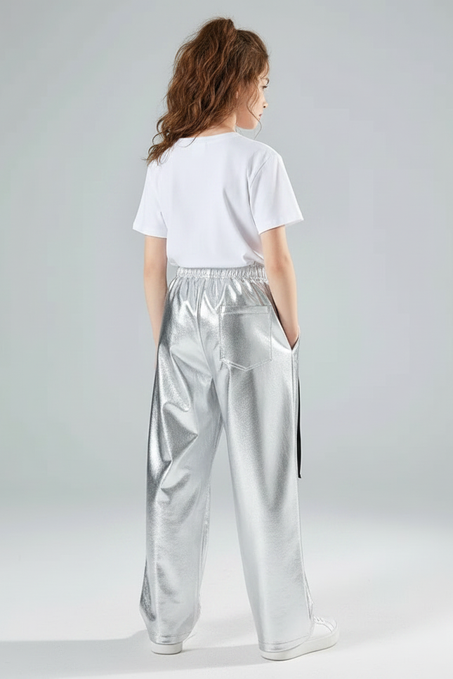 Pantalon Fluide Argenté Métallique Ample Enfants Brillant - Polyester - vue 2
