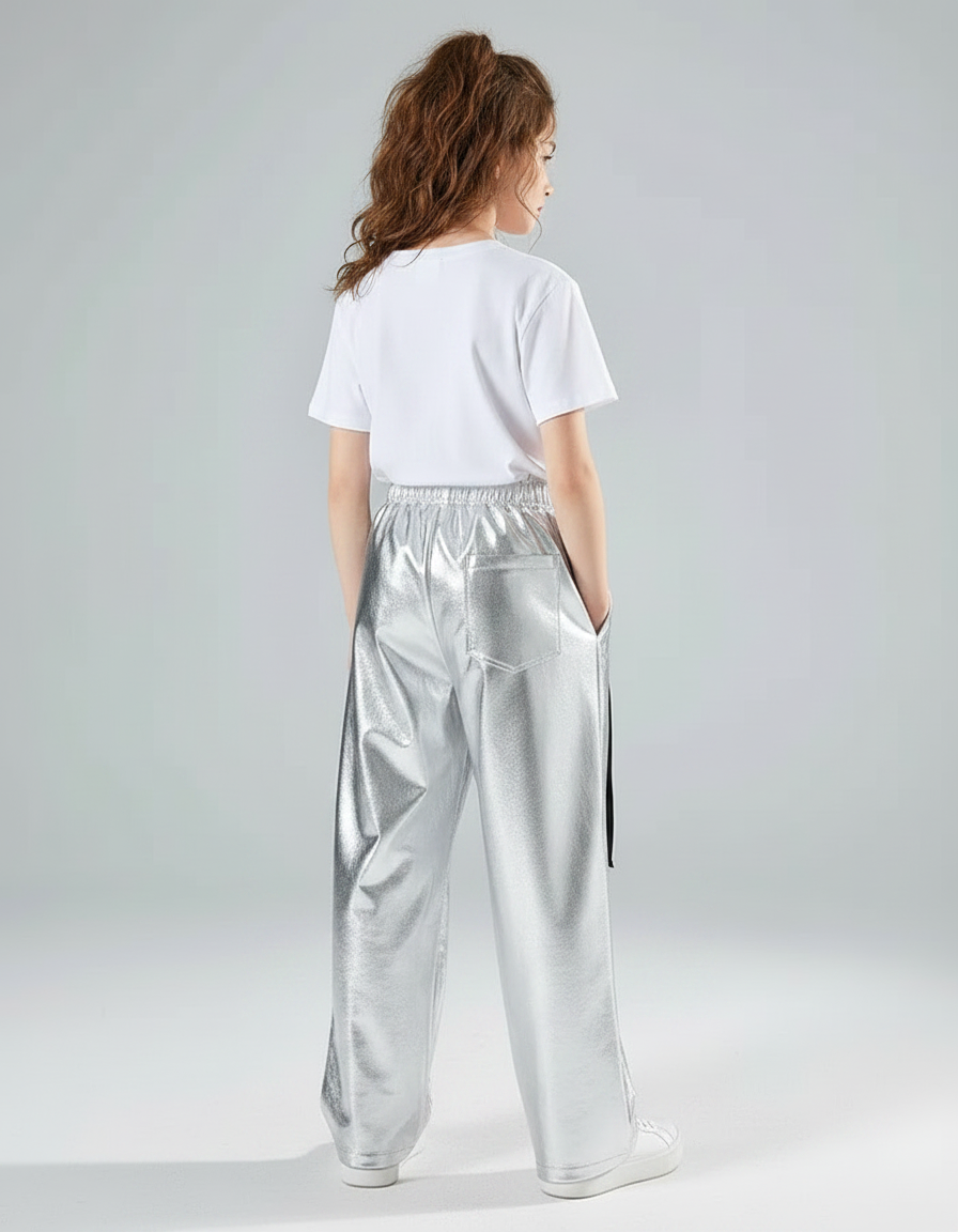 Pantalon Fluide Argenté Métallique Ample Enfants Brillant - Polyester - vue 2