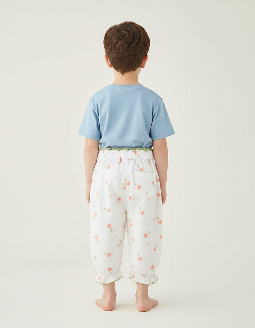 Pantalon Fluide Blanc Imprimé Fleurs Coton Léger Enfant - vue 2